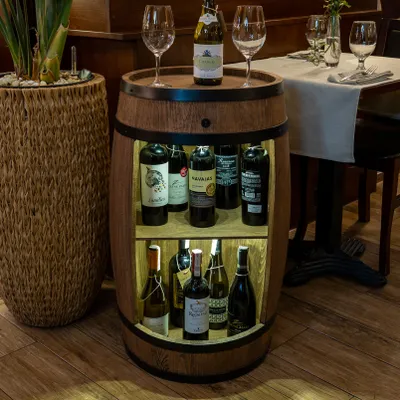 Produktbild von Holzfass Hausbar mit LED-Leuchten - Weinschrank im Retro Stil - Weinregal - Weinbar - Fass Bar - Weinfass Bar - Weinregal Holz - Minibar - Holzbar 80cm hoch - Elegante Möbel, Wohnzimmer Deko - Creativecooper - Fassbar Stehtisch und Flaschenständer (Wenge)