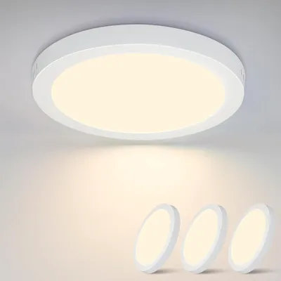 A white LED ceiling light is shown on a white ceiling, with three smaller, similar lights arranged in the foreground.