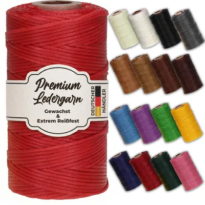 Produktbild von Ledergarn gewachst 1mm x 0,3mm I Sattlergarn - gewachster Faden aus Polyester stabil & haltbar I Wachsgarn Forellenfaden Outdoor Nähgarn in Profiqualität  hellrot