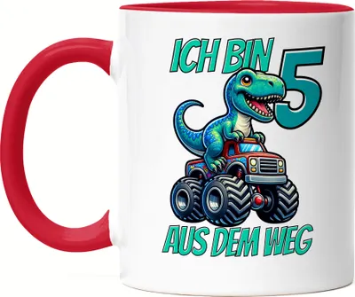 Produktbild von Kinder 5. Geburtstag Tasse Rot Dino Dinosaurier Auto 5 Jahre Junge Monstertruck