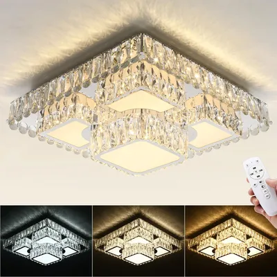 Produktbild von Kristall LED-Deckenleuchte - Quadrat 50x50x20 cm - 60 W - Dimmbar mit Fernbedienung - Farbwechsel - Aufputzmontage - Inkl. LED - Weiß