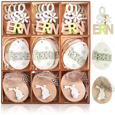 Produktbild von com-four® 36x Dekoanhänger für Ostern - Holzaufhänger für den Osterstrauch - Osterschmuck aus Holz zum Aufhängen - Frühlingsdekoration - Ei, Hase, Schriftzug