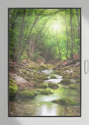 Produktbild von Wallario Lichtschutzbild, Dekorativer Sichtschutz Sonnenschutz 76 x 115 cm mit Motiv: Fluss im Wald - Verdunklung ohne Bohren