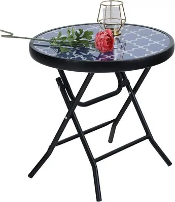 Produktbild von Famanu Klappbare runde Beistelltisch aus Metall mit Glas - wetterfest - pflegeleicht - klein