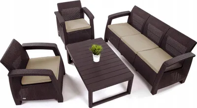 Zdjęcie produktu dla Keter – Zestaw Mebli Ogrodowych Corfu 3-SET Lyon brązowy – sofa 3-osobowa, 2 fotele, stół regulowany