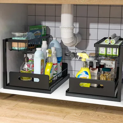 Immagine prodotto di organizzatore da cucina nero, scaffale sottolavello a 2 livelli, organizzatore per mobile lavello/bagno/armadio, scaffale per mobile lavello, scaffale portaoggetti.