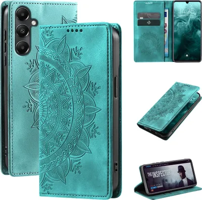 Produktbild von Mandala Handyhülle für Samsung Galaxy A14 / A14 5G RFID Schutz Klapphülle Case Cover Design Schutzhülle Farbe: Türkis