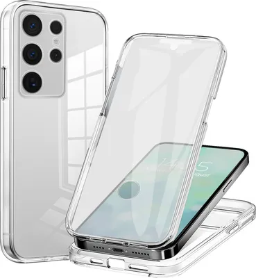 A clear phone case is shown in two configurations, one on a phone and one disassembled.