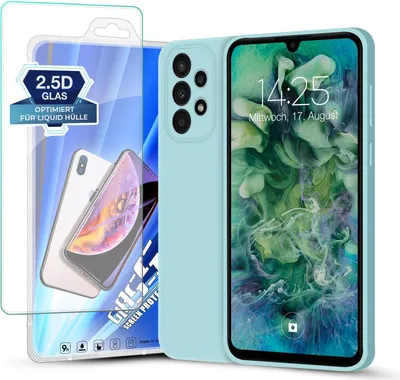 Produktbild von Hülle für Samsung Galaxy A33 5G mit 9H Displayglas Displayschutz Plus Case Cover Bumper Silikon Softgrip Schutzhülle Farbe: Hellblau