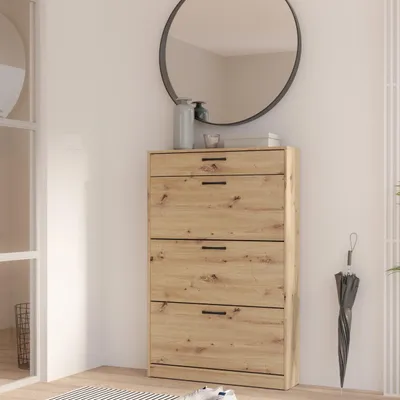 Produktbild von Forte NIKO Schuhschrank 80 90, Skandi-Schrank, 3 Kippfächer, 1 Schublade, Holzwerkstoff, Flur, Abstellraum, Artisan Eiche Holzdekor, 83,2 cm breit x 127,7 cm hoch x 20,4 cm tief
