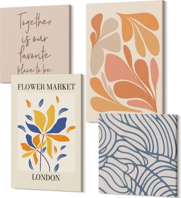 Produktbild von Leinwandbild Set 4-teilig – Modernes Wandbild – Polycanvas Kunstdruck – Abstrakte Bilder – Hochwertige Wandkunst – 2x 40x40 cm + 2x 40x60 cm – Blumen im modernen Stil mit abstrakten Mustern