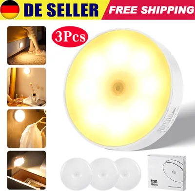 Produktbild von 3 Stück LED Sensor Nachtlicht (warmweißes Licht), LED Bewegungsmelder Nachtlicht 2 Modi mit USB wiederaufladbar für Treppe, Küche, Schrank, Flur, Schlafzimmer