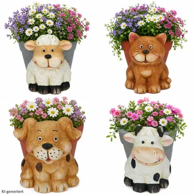 Produktbild von 4er Set Übertopf Familie Wiese Hund Katze Kuh Schaf Garten Blumen