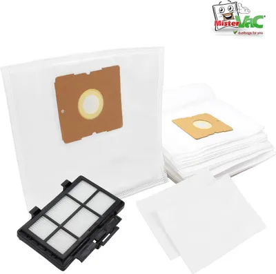A collection of vacuum cleaner bags and a filter are displayed against a white background, with a logo in the top right corner.