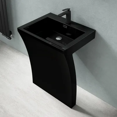 Image de doporro Lavabo sur Pied Noir Mat Vasque Colonne en Fonte Minérale Lave Mains Rectangulaire pour Salle de Bain 60x48x83cm Colossum07