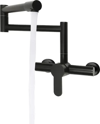 A black kitchen faucet with water running from it, mounted on a white background.
