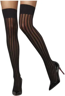 Produktbild von Halterlose Damenstrümpfe Schwarz Overknees mit Nadelstreifen Burlesque Charleston Accessoire für Halloween Fasching Karneval