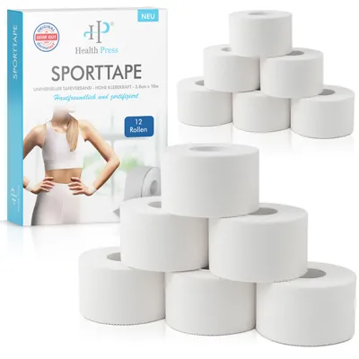 Produktbild von Health Press® Sporttape - 12 Tape Rollen (3,8cm x 10m) - Sporttape weiß - reißbares Profi Sport Tape - Tapeverband für alle Sportarten