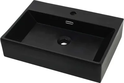 A black ceramic sink with a faucet hole and drain hole, shown from a slightly elevated angle against a white background.