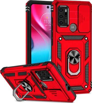 Produktbild von Moto G60S Hülle mit Schiebe Kamera Schutz und Ringhalter Ständer Robust Rüstung Schutzhülle für Motorola Moto G60S Rot