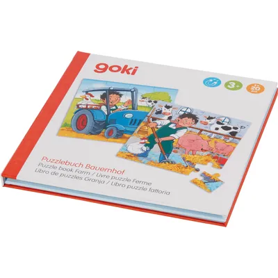 Produktbild von goki 57384 Puzzlebuch Bauernhof 17,3 x 17,3 x 1,2 cm, 2 x 20 Teile, 2 Motive, magnetisch,, bunt
