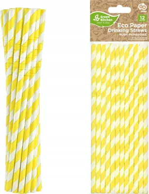 Zdjęcie produktu dla 12 papierowych słomek do napojów, giętkich, żółto-białych w paski, 20 cm