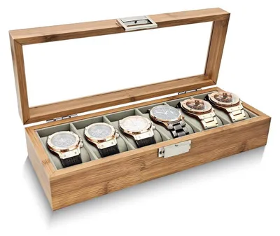 Produktbild von Uhrenbox 6 Slot Holz Uhrenhalter braun mit Kissen