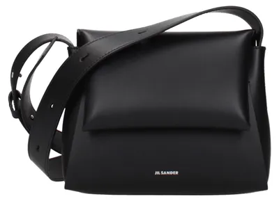 Image de Jil Sander sac à rabat cuir noir, bandoulière, logo estampé