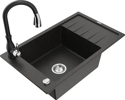 Produktbild von Mexen Elias 1 Becken-Granitspüle mit Abtropffläche und Mischbatterie Savita, Schwarz/Gold metallisch - 6511-75-672601-70