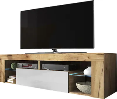 Image de Selsey Armoire TV BIANKO Buffet TV aspect bois chêne Lancaster avec abattant blanc brillant avec éclairage LED Debout 140cm