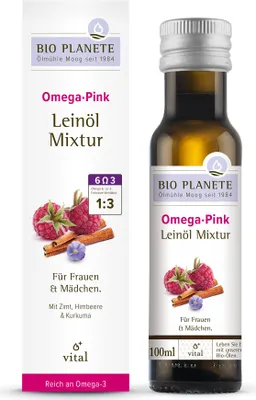 Produktbild von OMEGA PINK – MISCHUNG MIT LEINÖL (HIMBEERE, ZIMT, KURKUMA)  100 ml –  PLANETE