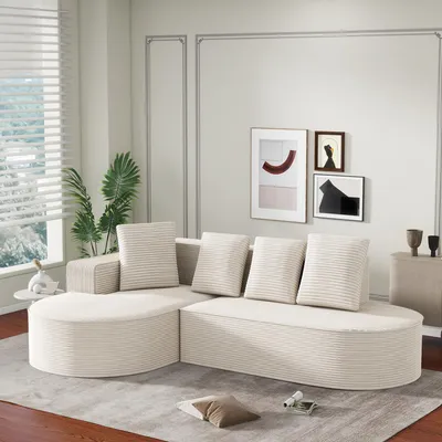 Image de LVHOM Canapé d'angle avec fonction sommeil en velours côtelé, Canapé confort en L sans montage, largeur 265 cm, coussin profond moelleux, blanc