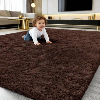 Image de Tapis à poils longs, lavable, pour salon, dimensions 120x160 cm, couleur café