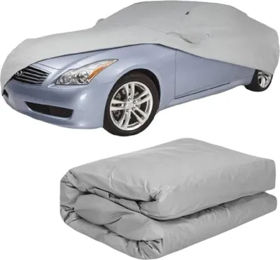 A car cover is shown both on a car and folded up.