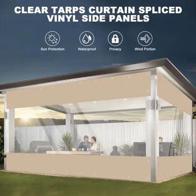 Obrázek produktu pro Topchances Transparentní PVC plachta s oky Dělící záclony, venkovní plachtové záclony 0,55 mm Vodotěsná větruodolná vinylová plachta pro pavilony, pergoly, balkony, zahrady, verandy (2,4 m x 2,4 m, khaki)