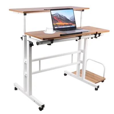 A height-adjustable laptop desk with wheels and a tilting tabletop.