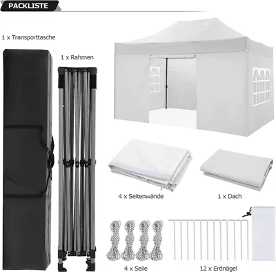Produktbild von Faltpavillon Pavillon 3x4,5m, Festzelt Gartenpavillon für Garten Terrasse Feier Party, wasserdicht stabil Winterfest & UV-Schutz mit 4 Seitenteilen , 12 Heringe & 4 Seile & 1 Tragetasche, Weiß