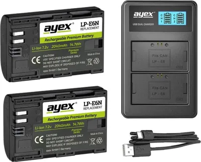 Produktbild von ayex Power Set mit 2x LP-E6N Akku für Canon + 1x USB Dual Ladegerät für zB EOS R 80D