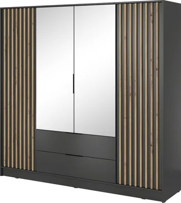 Obrázek produktu pro Šatní skříň se zrcadlem 200 cm Fioro - šatní skříň od výrobce, šatní skříň do ložnice - závěsná skříň s lamelami, 4 dveře (grafitová)