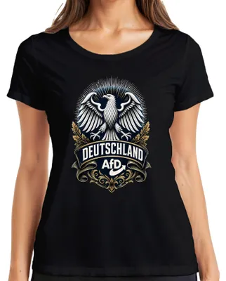 Productafbeelding van AfD Duitsland, adelaar, wapen, patriottische uitspraak, sarcastisch, dames T-shirt, zwart, maat L