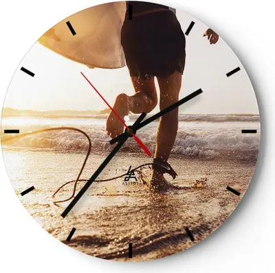Produktbild von Wanduhr - Rund - Glasuhr - Surfen Strand Freude - 40x40cm - Schleichendes Uhrwerk - Lautlos - zum Aufhängen bereit - Dekoration Modern - Wanddekoration aus Glas - C3AR40x40-4801