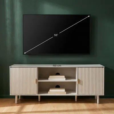 Produktbild von Lowboard ZELDA 150 cm, Kaschmir/Hellgrau - Modernes TV Lowboard mit Lamellenfront, Wohnzimmermöbel aus robustem MDF und Metallgestell, TV Schrank mit 2 Türen, offenes Mittelfach und Kabeldurchführung