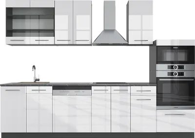 Image de Cuisine Vicco Fame-Line Blanc brillant/Anthracite 300cm avec armoire haute, PT Anthracite, Model 42744