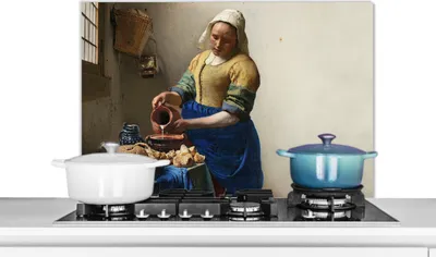Produktbild von KitchenYeah®  Spritzschutz Küche - Küchenrückwand - Wandschutz für Herd und Spüle - Das Milchmädchen - Kunst - Alte Meister - Vermeer 90x60 - Alu-Dibond (Alternative zum Spritzschutz aus Glas) - Hitze