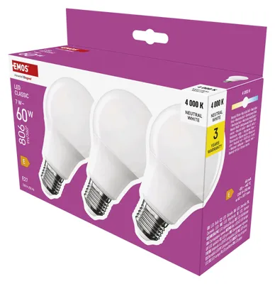 Immagine prodotto di EMOS Lampada LED A60 confezione da 3 pezzi, 7W in sostituzione di 60W, lampadina classica con base E27, luminosità 806 lm, bianco neutro 4000 K, durata 30000 h , ZQ5E43.3