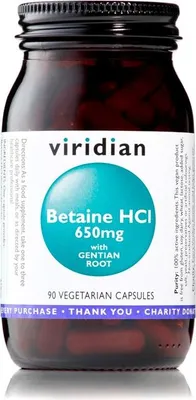 Productafbeelding van Betaine HCl 650 mg met gentiaanwortel, 90 capsules, Viridian