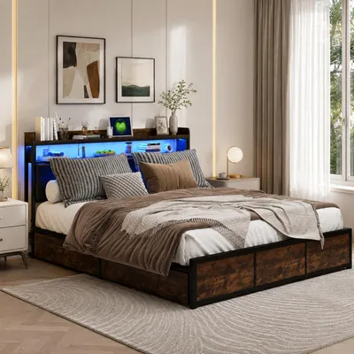 Obrázok produktu pre INONEFT čalúnená posteľ 140x200 cm, dvojlôžko s 4 zásuvkami, kovový rám postele s kovovým roštom, čalúnená opierka s LED osvetlením a úložným priestorom, farba: čierna