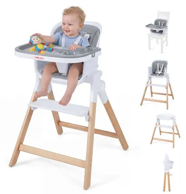 Produktbild von COSTWAY 4 in 1 Hochstuhl Baby, Kinderhochstuhl mit Tablett, Babyhochstuhl mit Fußstütze, Sitzkissen, Sicherheitsgurt für Baby von 6-36 Monaten, Grau