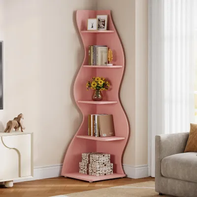 Produktbild von Wellenförmiges Eckregal - 5-stöckiges Bücherregal - Modern geschwungene Form - Pflanzenständer und Displayregal - Freistehend Größe L - Rosa