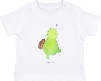 Produktbild von Mr. & Mrs. Panda  T-Shirt Schildkröte Pfeifen 12. - 18. Monat - Weiß - Geschenk, Babyshirt, Depression, Baby Oberteil, Shirt, Glück, Fröhlich, Schildkröten